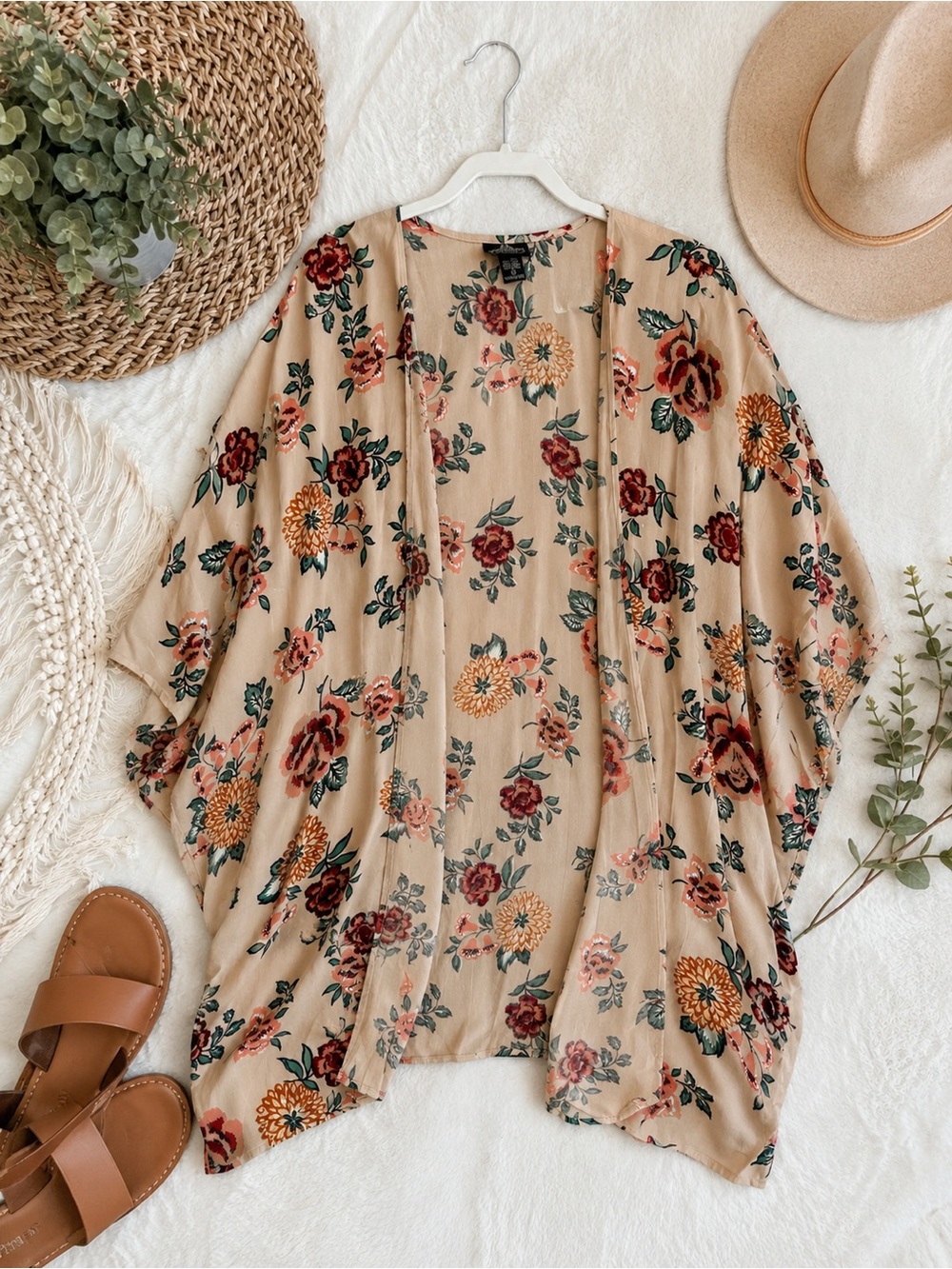 Angie Floral Boho Kimono Cardigan Beige Pink Rose Print Size Small